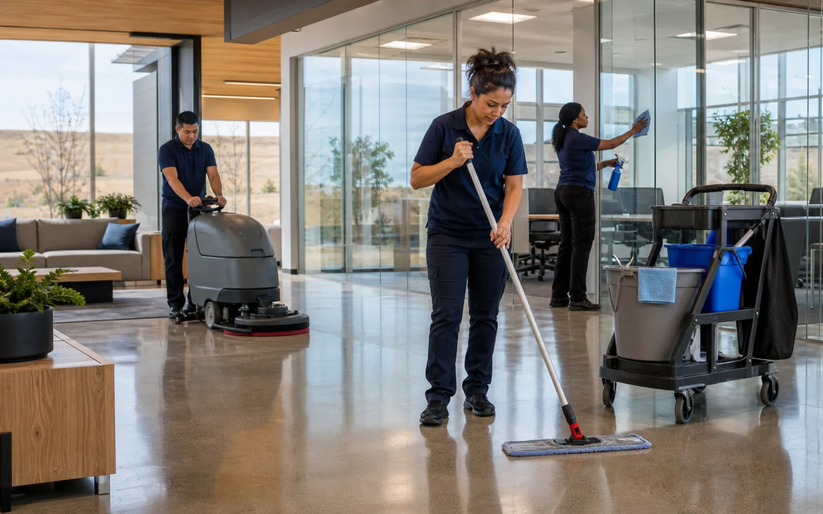 Professional crew cleaning a bright commercial facility